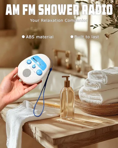 Miniatura 2 de Radio de ducha, radio AM/FM portátil con grandes perillas giratorias para una fácil sintonización, a prueba de salpicaduras para baño, cocina, al