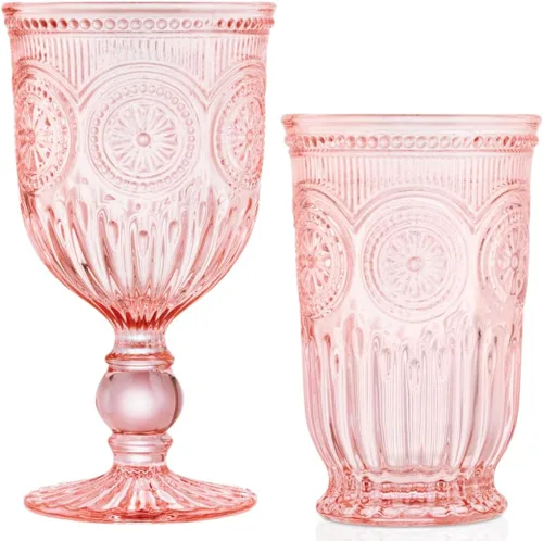 Paquete de cristalería rosa, colección de cristalería vintage para fiesta, juego de copas de vino rosadas y 6 vasos altos rosados, vasos rosados a