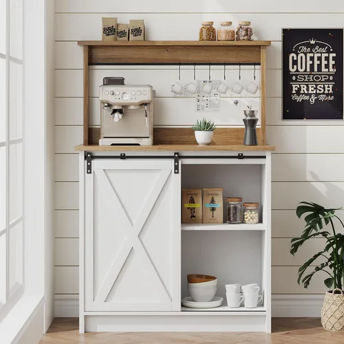 Miniatura 12 de 4ever2buy Barra de café de granja con gabinete, gabinete de buffet de 31 pulgadas con puerta corrediza de granero, armario de barra de Gris