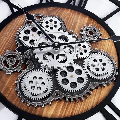Miniatura 7 de Lafocuse Reloj de pared de engranaje móvil real de 23 pulgadas, reloj de pared grande de madera Steampunk para decoración de sala de estar