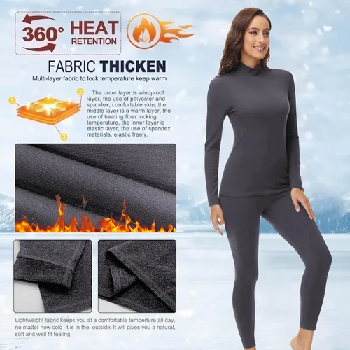 Miniatura 5 de Conjunto de ropa interior térmica con cuello alto falso para mujer, forro polar ultrasuave y cálido