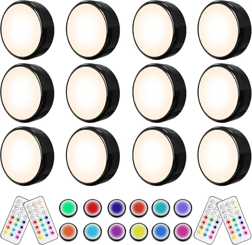 Miniatura 14 de HELPLEX Luces LED de disco con control remoto, paquete de 6 luces adhesivas RGBW que cambian de color, alimentadas con pilas, iluminación regulable