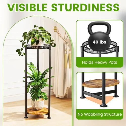 Miniatura 3 de Soporte negro de 2 niveles para plantas en interiores, 30 pulgadas de alto, estante de esquina de metal resistente para plantas estrechas para piso