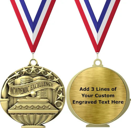 Miniatura 8 de Express Medals Pack of 10 (or More) Engraved Scholastic Honor Roll Award Medals with RWB Neck Ribbons