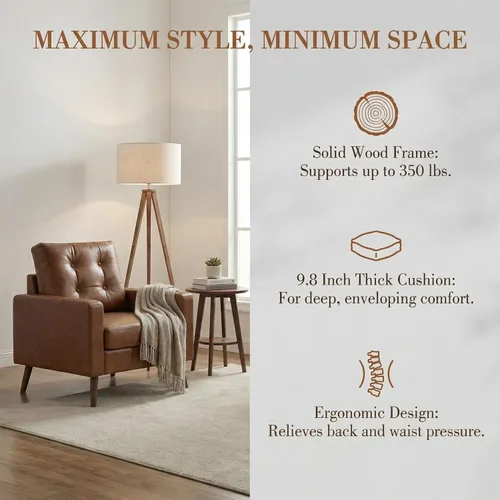 Miniatura 11 de HNY Sillón moderno de mediados de siglo, silla decorativa de piel sintética con botones y reposabrazos, silla tapizada para sala de estar