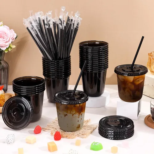 Miniatura 3 de tchrules Juego de 100 vasos de plástico negro de 12 onzas con tapas y pajitas, taza de café helado desechable con tapa, parte inferior redonda