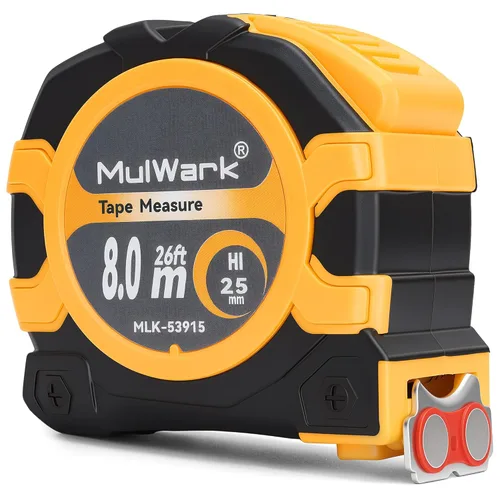 Miniatura 11 de MulWark cinta para medir con escalas imperiales y métricas, de 27 pies, con hoja gruesa, gancho magnético y cubierta amortiguadora de golpes. Para