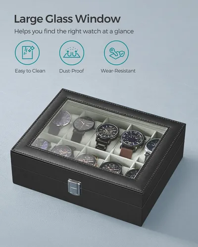 Miniatura 4 de SONGMICS Caja de reloj, caja de reloj de 10 ranuras con tapa de vidrio grande, almohadas extraíbles para reloj, organizador de caja de reloj, regalo
