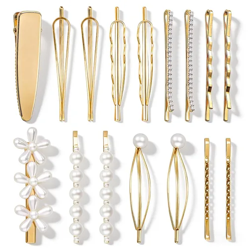 Miniatura 9 de 16 piezas de elegantes horquillas de metal geométricas, pinzas para el cabello con perlas, horquillas de novia doradas, pinzas bobby metálicas