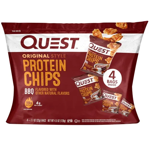 Quest Nutrition Chips de proteína BBQ, 19g de proteína, 4g de carbohidratos netos, bajo en carbohidratos, sin gluten, 1.1 oz, 4 unidades