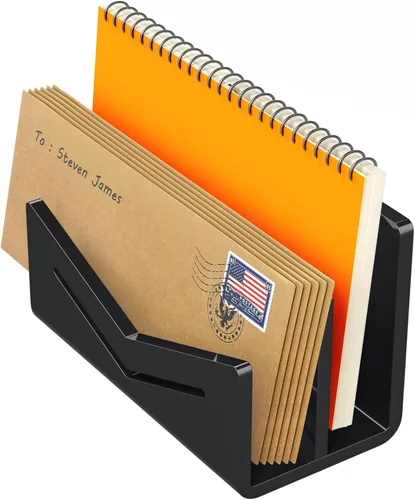 Beego Organizador de sobres y correos para encimera, 2 compartimentos, organizador de escritorio de acrílico negro, soporte para cartas,