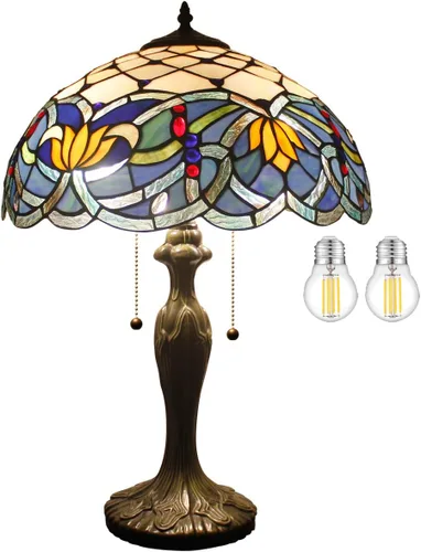 WERFACTORY Tiffany - Lámpara de mesa estilo vitral, lámpara de noche de loto azul, 16 x 16 x 24 pulgadas, luz de lectura para escritorio, base de