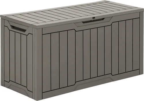 Miniatura 8 de YITAHOME Caja grande de cubierta de 120 galones con parte delantera en forma de X, cajas de almacenamiento de resina para exteriores, banco de Negro