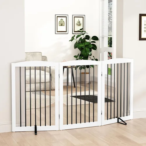 Miniatura 20 de PUPETPO Puerta independiente para mascotas para perros, puerta plegable de madera para perros para casa, puerta interior para perros para puertas