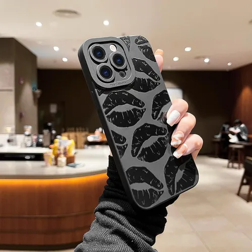 Miniatura 6 de LAPOPNUT Funda negra para iPhone 13 Pro Max, Funda de silicona suave con diseño de patrón de labios lindo para mujeres y niñas, Funda protectora a