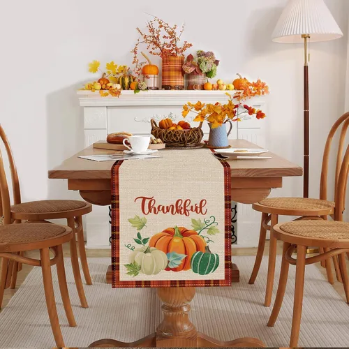 Miniatura 2 de Bonhause Camino de mesa de otoño de 13 x 90 pulgadas, naranja y verde, calabaza, camión, hojas, cuadros, otoño, Acción de Gracias, cocina, comedor