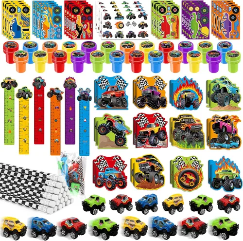 BenLouis 96 Piezas Artículos de Fiesta de Camiones Monstruo Sellos y Calcomanías de Cumpleaños de Camión Automóvil Conjunto de Artículos Escolares
