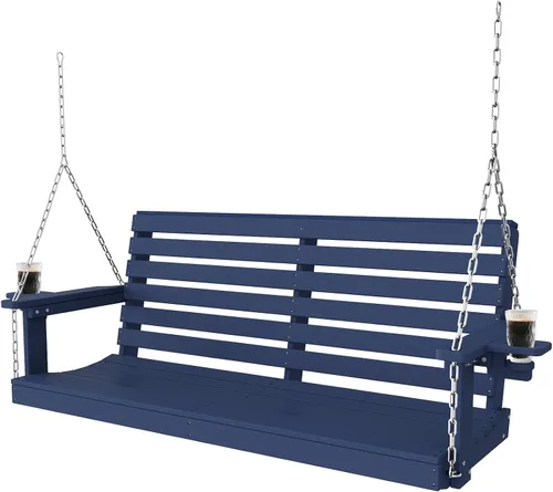 Miniatura 11 de Plawdlik Columpios de porche, silla de patio de 2 asientos con dos portavasos, banco impermeable de polietileno de alta densidad para patio
