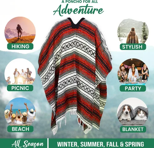 Miniatura 28 de Artisans Bazaar Poncho tradicional mexicano de Baja para hombres y mujeres, auténtico sarape de Gaban, manta de vaquero Pancho Jorongo