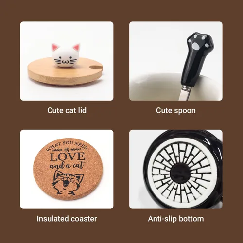 Miniatura 6 de Bgbg Linda Taza de Gato, Taza de Café Té Leche de Cerámica con Tapa de Gatito Adorable, Cuchara de Garra Kawaii, Alfombrilla de Anime, Cosas