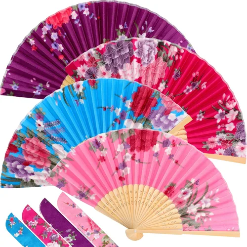 Miniatura 12 de Zonon Paquete de 4 abanicos plegables florales de mano, abanicos de bambú de seda con borla para mujer, ventilador plegable de mano ahuecado