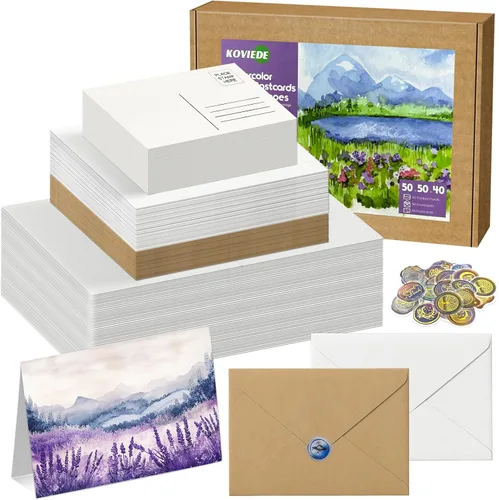 Miniatura 12 de Paquete de 50 tarjetas de acuarela plegables en blanco con sobres de 4 x 6 pulgadas, 140 lb peso pesado, 100% algodón, blanco, sin ácido, tarjetas