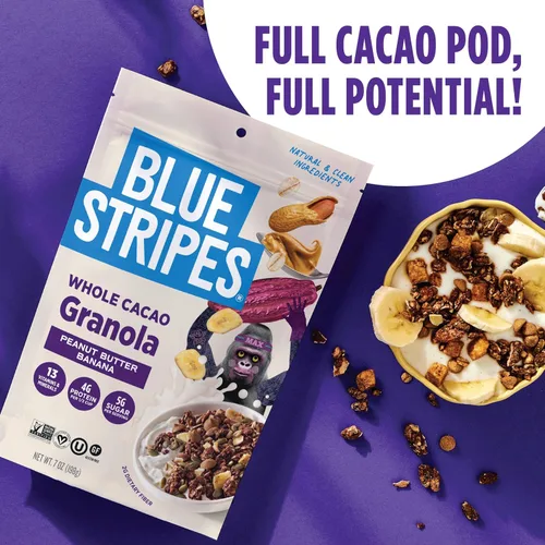 Miniatura 5 de Blue Stripes Granola de cacao entero con mantequilla de maní y plátano, 8 onzas