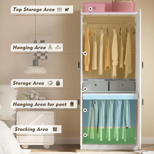 Miniatura 4 de MEISSALIVVE Armario clóset con 4 puertas, gabinete de armario grande de 74.8" con barra para colgar, armario de dormitorio moderno independiente
