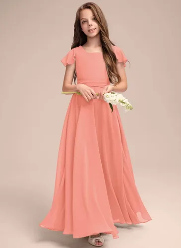 Miniatura 3 de Vestido de dama de honor junior de gasa cuadrado de una línea de vestido de niña de flores para boda