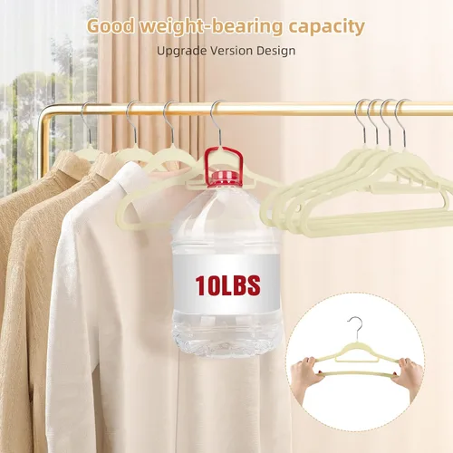 Miniatura 6 de Paquete de 20 perchas de terciopelo antideslizantes con gancho giratorio de 360°, perchas de ropa beige que ahorran espacio, resistentes para adultos