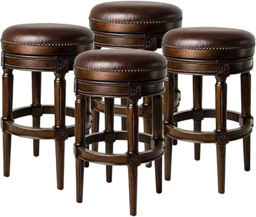 Miniatura 17 de Maven Lane Pullman Taburete de Bar de Madera Giratorio 180 Grados sin Respaldo de 30" de Altura con Ribete de Tachuelas, Acabado Blanco Alabastro