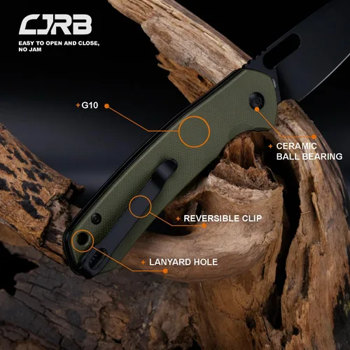 Miniatura 4 de CJRB Pyrite-Alt (J1925A) Cuchillo de bolsillo plegable con 3.11 pulgadas PVD negro AR-RPM9 Wharncliffe Blade Green G10, cuchillo EDC con bloqueo