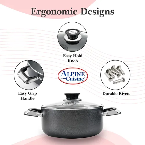 Miniatura 3 de Alpine Cuisine Olla antiadherente de 5 cuartos con tapa de vidrio templado y asas de transporte, utensilios de cocina multiusos, horno holandés
