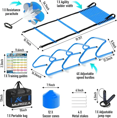 Miniatura 2 de MUROZA Agility Ladder, Agility Speed Training Equipment Set, 20ft Speed Ladder, 12 Soccer Cones, 4 Hurdles, Jump Rope, Running Parachute, Soccer Azul