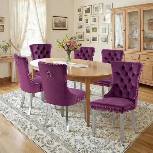 Miniatura 131 de Juego de 4 sillas de comedor de terciopelo, sillas de comedor tapizadas con ribete de cabeza de clavo y patas de madera maciza para cocina