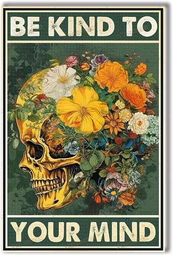 Miniatura 12 de TSEZLOJH Lienzo decorativo para pared, diseño de flores con texto en inglés «Be Kind to Your Mind», diseño retro para tus familiares y amigos, marco