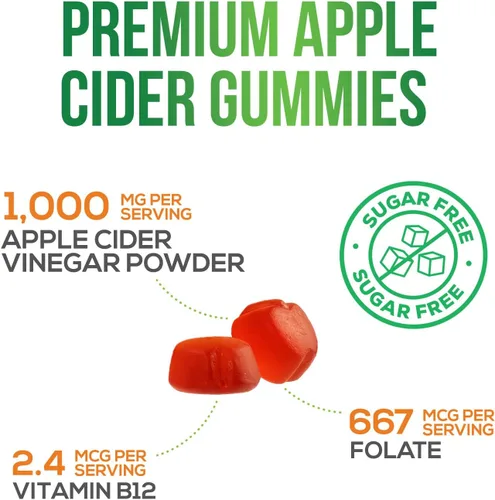 Miniatura 5 de Gomitas de vinagre de sidra de manzana, cero azúcar, vitaminas gomosas ACV de máxima fuerza, vitamina B12 y la madre, metabolismo y apoyo