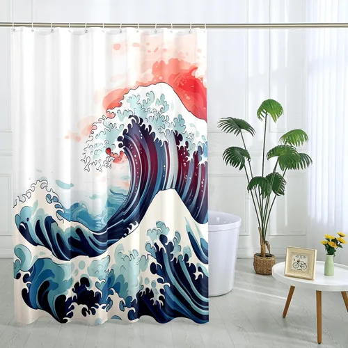 Miniatura 12 de Cortina de ducha japonesa Fuji Mountain de cerezo asiático, cortina de ducha con diseño de anime, decoración de baño, tela de poliéster, 62 x 72 Azul