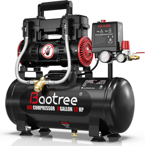 3 Gallon Ultra Quiet Air Compressor with Two Quick Couplers, 1.2HP MAX 115PSI Oil-Free Air Compressor Steel Tanks, 70dB Air Compressor with Wheels