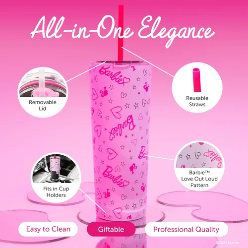 Miniatura 5 de Dragon Glassware x Barbie - Vaso térmico aislado al vacío con tapa y pajilla, vaso térmico de acero inoxidable de 24 onzas con 2 pajillas, vaso