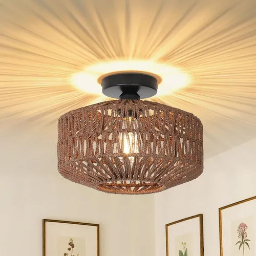 Miniatura 9 de Lámpara bohemia para techo, lámpara de techo de ratán con bombilla LED regulable, mini lámpara de araña tejida a mano para pasillo, dormitorio, Gris