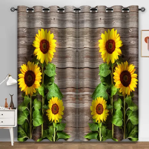 Miniatura 20 de Aimego - Cortinas opacas rústicas con flores de girasol, cortinas para oscurecer la habitación, estilo granja, paneles de madera, mariposas azules