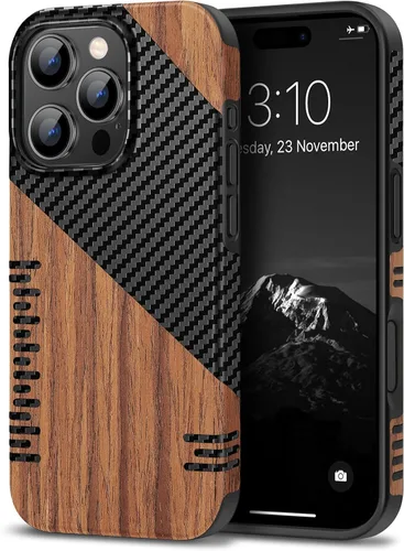 Miniatura 18 de TENDLIN Compatible con iPhone 17 Pro Max Funda de madera con textura de fibra de carbono Diseño de cuero híbrido delgado (negro)