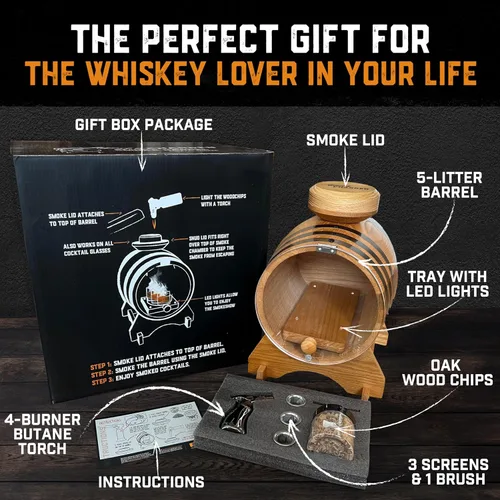 Miniatura 5 de Kit de cóctel antiguo para whisky, bourbon y más, juego de barril premium, roble estadounidense, kit de ahumador de cóctel con antorcha, regalos