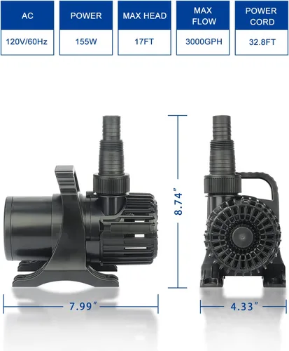 Miniatura 6 de OYO WATER Bomba de agua exterior de 3000 gph-155W 9.99 m de cascada de estanque y fuente de peces Kio y bomba de jardín sumergible IPX8: cable largo