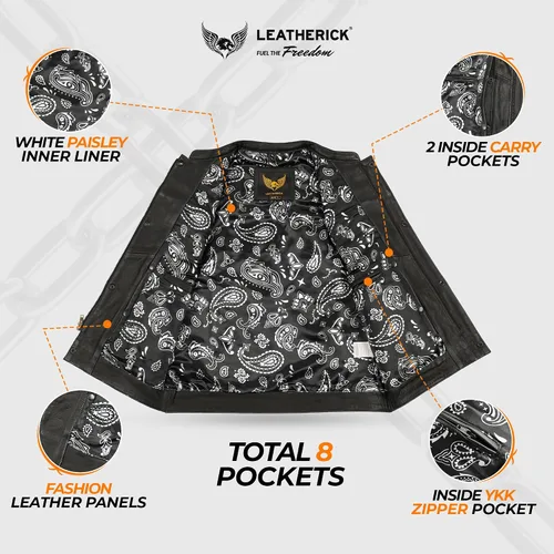 Miniatura 5 de Leatherick Mens Black Motorcycle Vests - Top Grain Cow Leather SOA Club & Traditional Paisley Satin Liner Leather Biker Vests