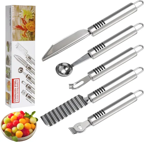 BURLIHOME Juego de cuchillos de tallado de frutas de acero inoxidable, paquete de 5 cuchillas de grabado para vegetales para la cocina, cuchara para
