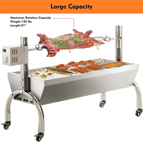 Miniatura 2 de DEWOSEN Parrilla asadora de 50 W con pantalla de viento, asador de cerdo y cordero al aire libre de 51 pulgadas, parrilla de asador de carbón