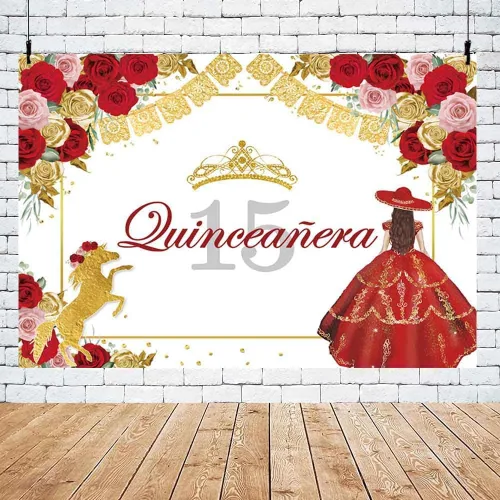 Miniatura 5 de AIBIIN Fondo de quinceañera azul de 7 x 5 pies para quinceañera para cumpleaños de 15 años, telón de fondo de fiesta mexicana, corona de rosa