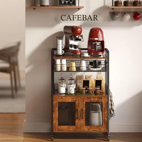 Miniatura 8 de Hencawima Gabinete de barra de café, mesa de estación de café de 3 niveles con ruedas, carrito de barra de 35.9 pulgadas de alto con cajón de cesta